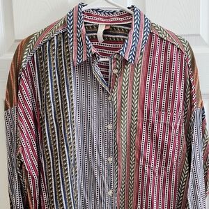 Pelcro Medium Blouse Red Blue Stripes Mixed Prints Long Sleeve Casual
